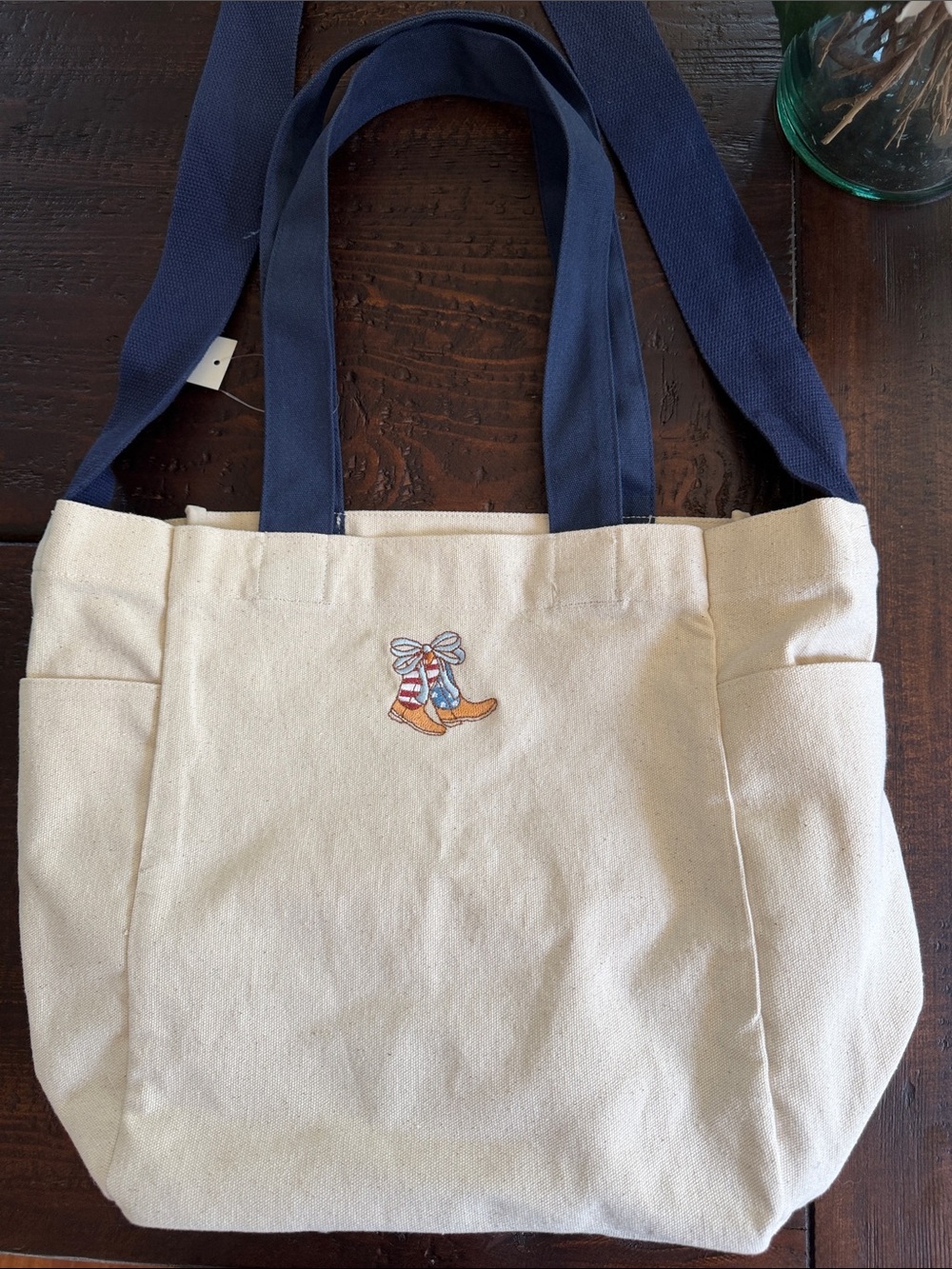 Canvas Tote Bag Embroidered Patriotic Cowboy Western Boots NWT Cream Blue